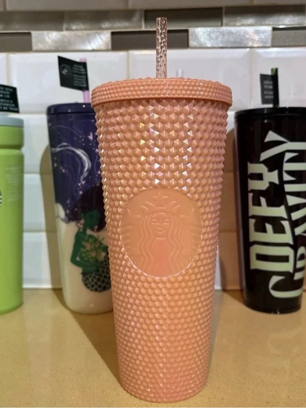 Starbucks 24oz Studded Tumbler Peach Pink Iridescent Venti Cold Cup Straw 2024